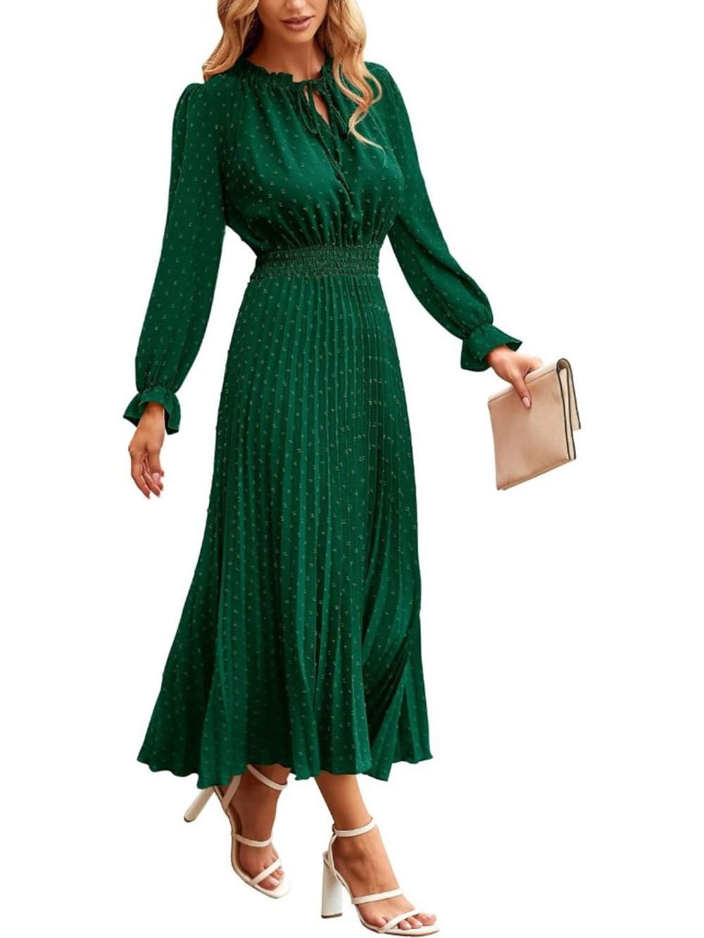 Women's Dark Green Fall Long Puff Sleeve V Neck Swiss Dot Wedding Midi Dresses